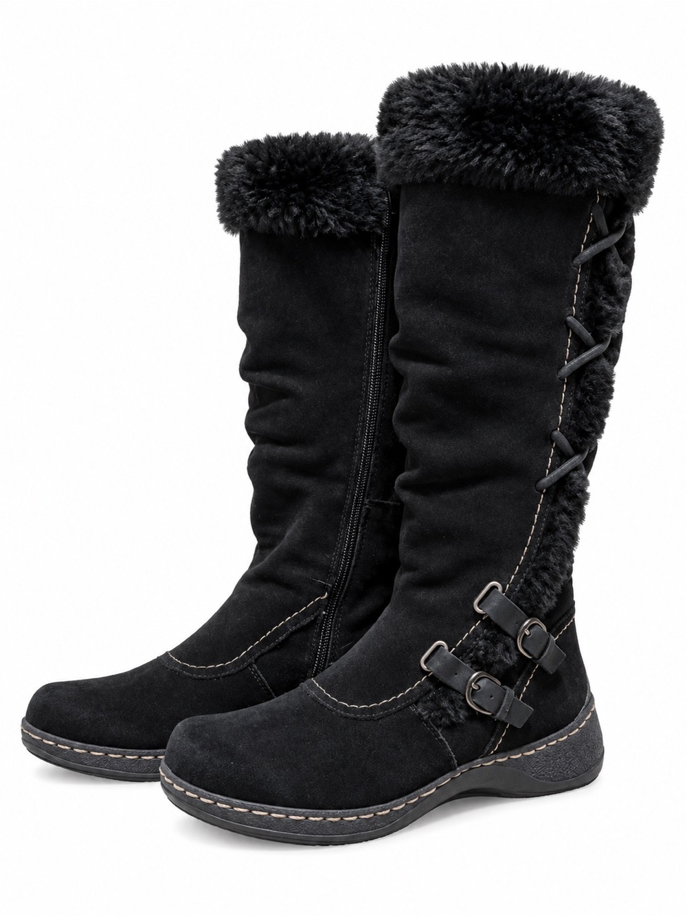 Denver Hayes Black Suede Faux Fur Knee High Winter Boots – Size 9 GUC